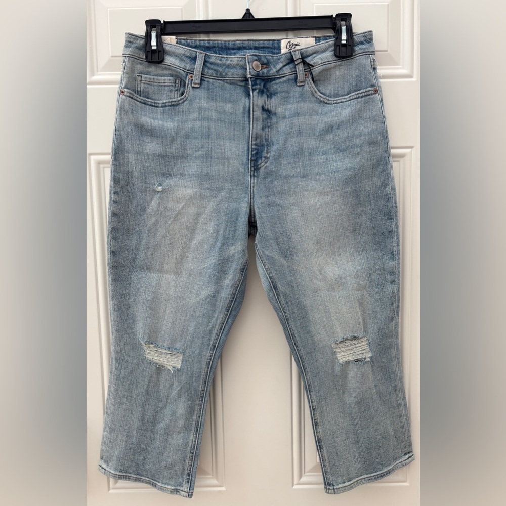 NWT Cosmic Blue Love Stitch Fix Blue Jeans Capri Size 31P Distressed Light Wash